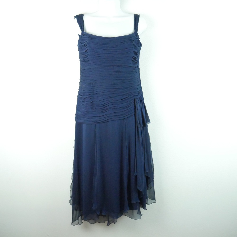 Liancarlo Couture Navy Blue 100% Silk Ruched‎ Cocktail Dress 12 Asymmetric Fairy